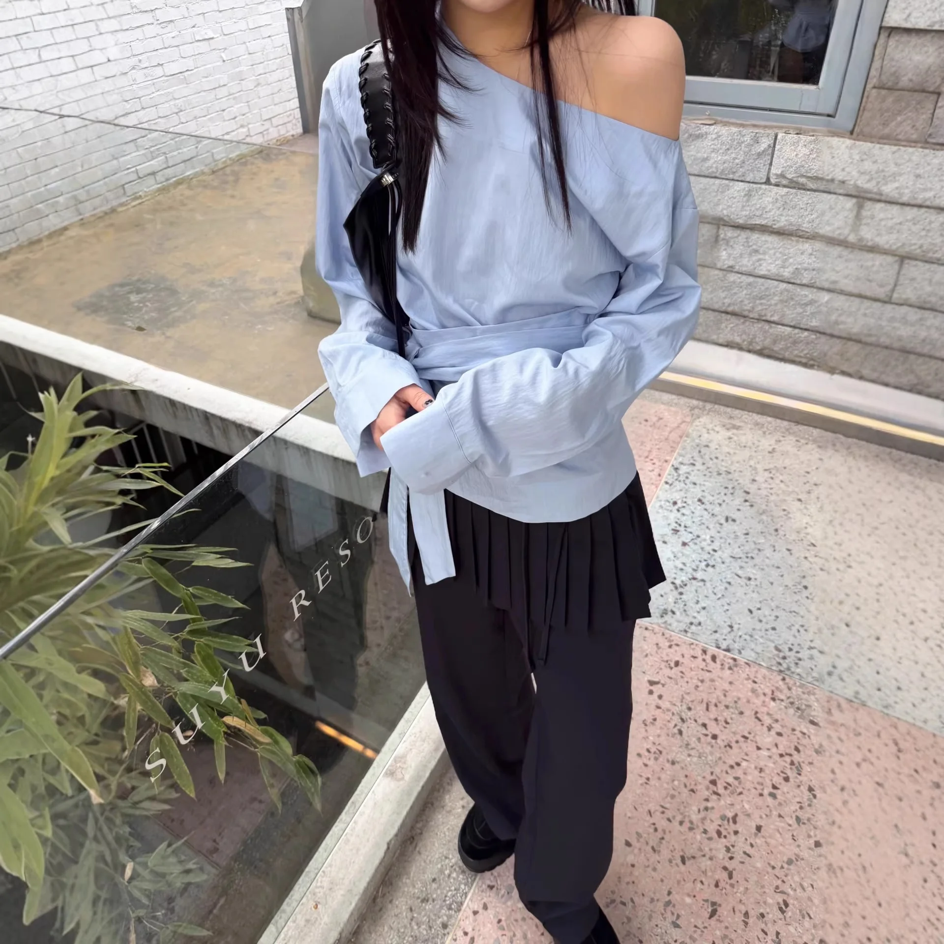 

Корейские плиссированные брюки-юбка в стиле casual, прямые, женские, с завязками по бокам, длинные, имитация двух предметов, с естественной талией, из хлопка