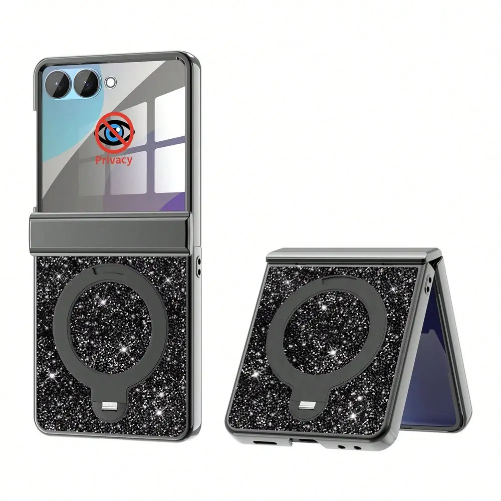 Luxury Black Glitter Rhinestone Fold Phone Case Electroplated With Magnetic Spring Hinge Protection, Includes AntiPeeping Scree