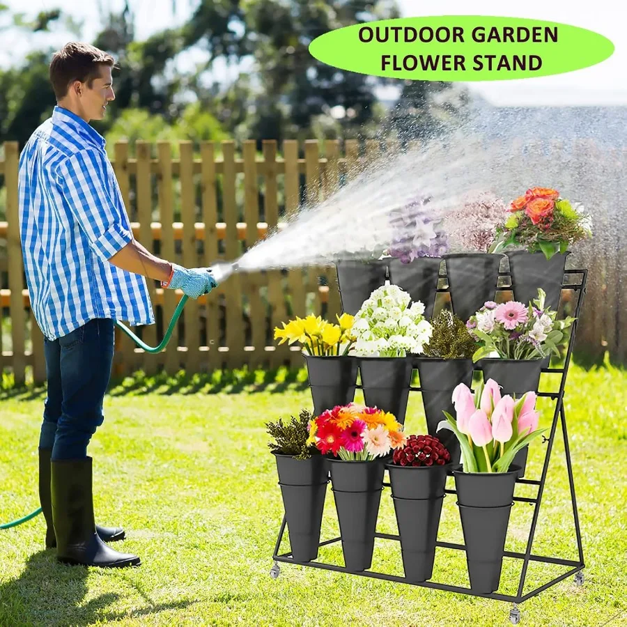 FPIGSHS حامل عرض زهور مكون من 3 طبقات مع عجلات بناء حديد معدني أسود بسعة وزن 150 رطلًا مثاليًا لديكور الزفاف #5