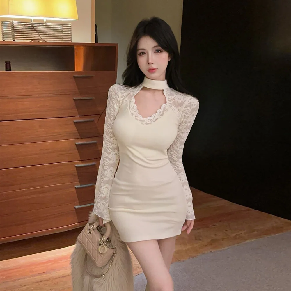 

Thiened Pure Desire Lace Splice Bal Dr Low Waist Knitted Polyester Bum Covering Skirt Long Sve Casual Evening Wear