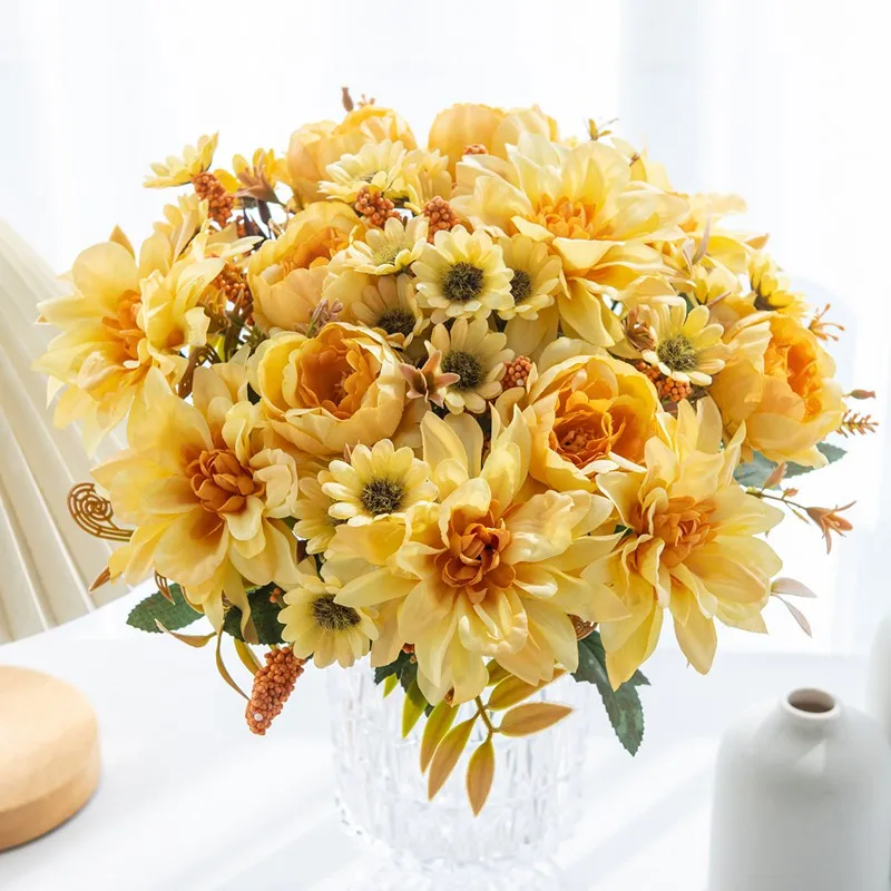 10 Stück Künstliche Blumen aus Seide, Dahlien, Rosen, Gänseblümchen, Heimdekoration, Vasen, Gartendekoration, Outdoor-Hochzeit, Brautsträuße, Festival-DIY-Geschenke – Detail 3