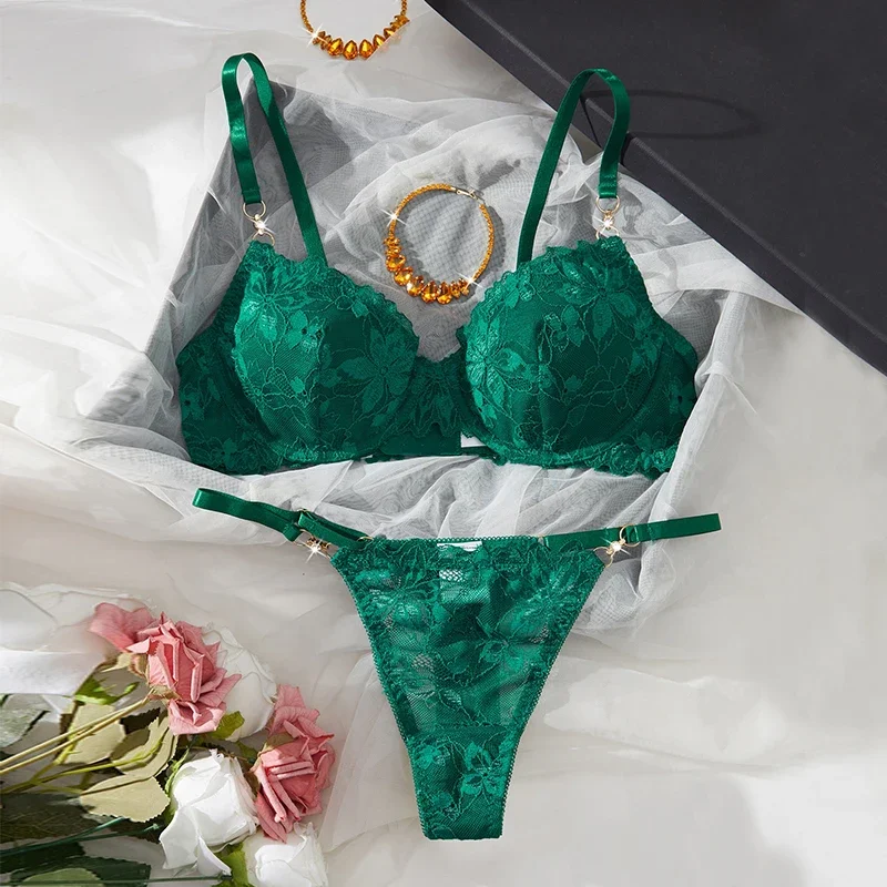 

Women Lace Lingerie Ultra Sexy French Thin Bra Sets Intimate Exotic Sets Luxury Erotic Lingerie Dark Green Youth Sexy Lingerie
