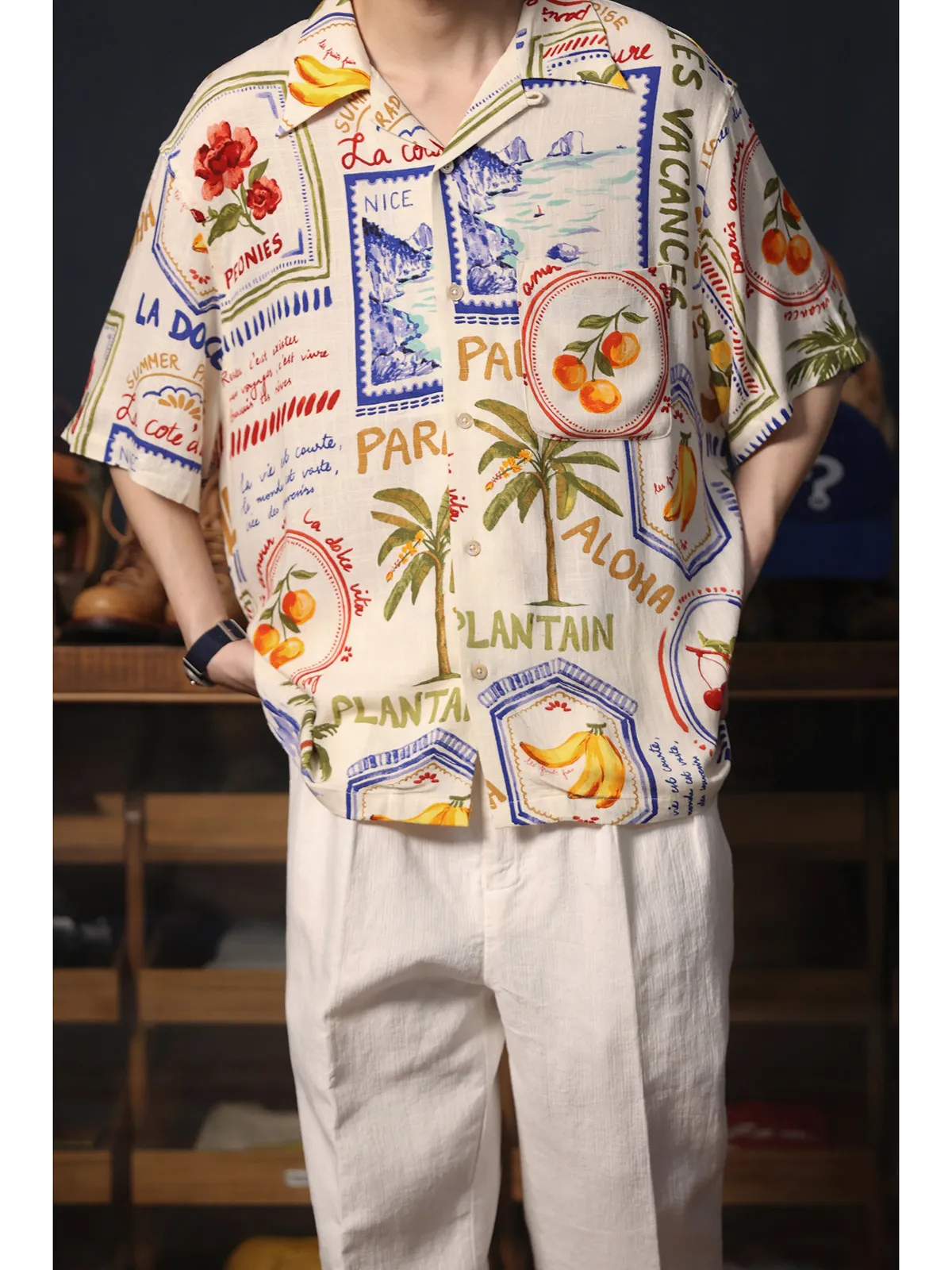 

Secondorder SS24 Hawaiian Aloha Shirt Island Tropical Fruit Print Cotton Linen Cuban Collar Top