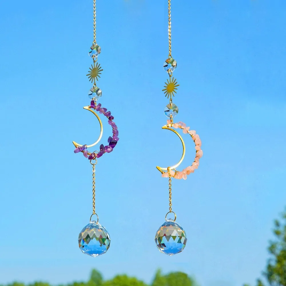 New Crystal Wall Hanging Crystal Suncatcher Raw Stone Shape of the Moon Moon Prism Pendant Colourful Sunlight Catcher Garden