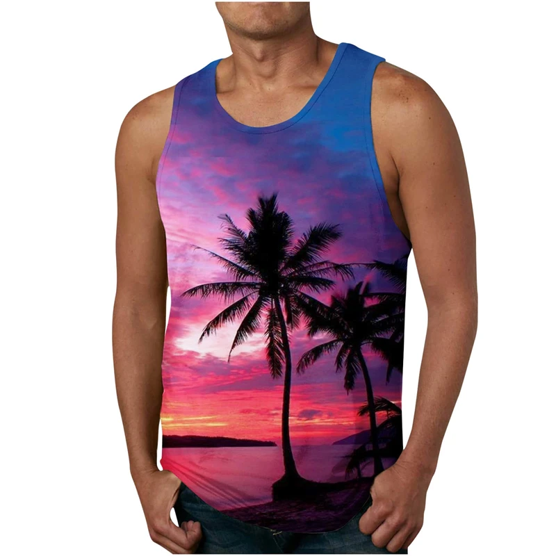 Summer Coconut Tree 3D Printed Hawaiian Beach Tank Tops Men\'s Casual Fashion Vest Oversized Sleeveless Tank Top Gym Man Clothing