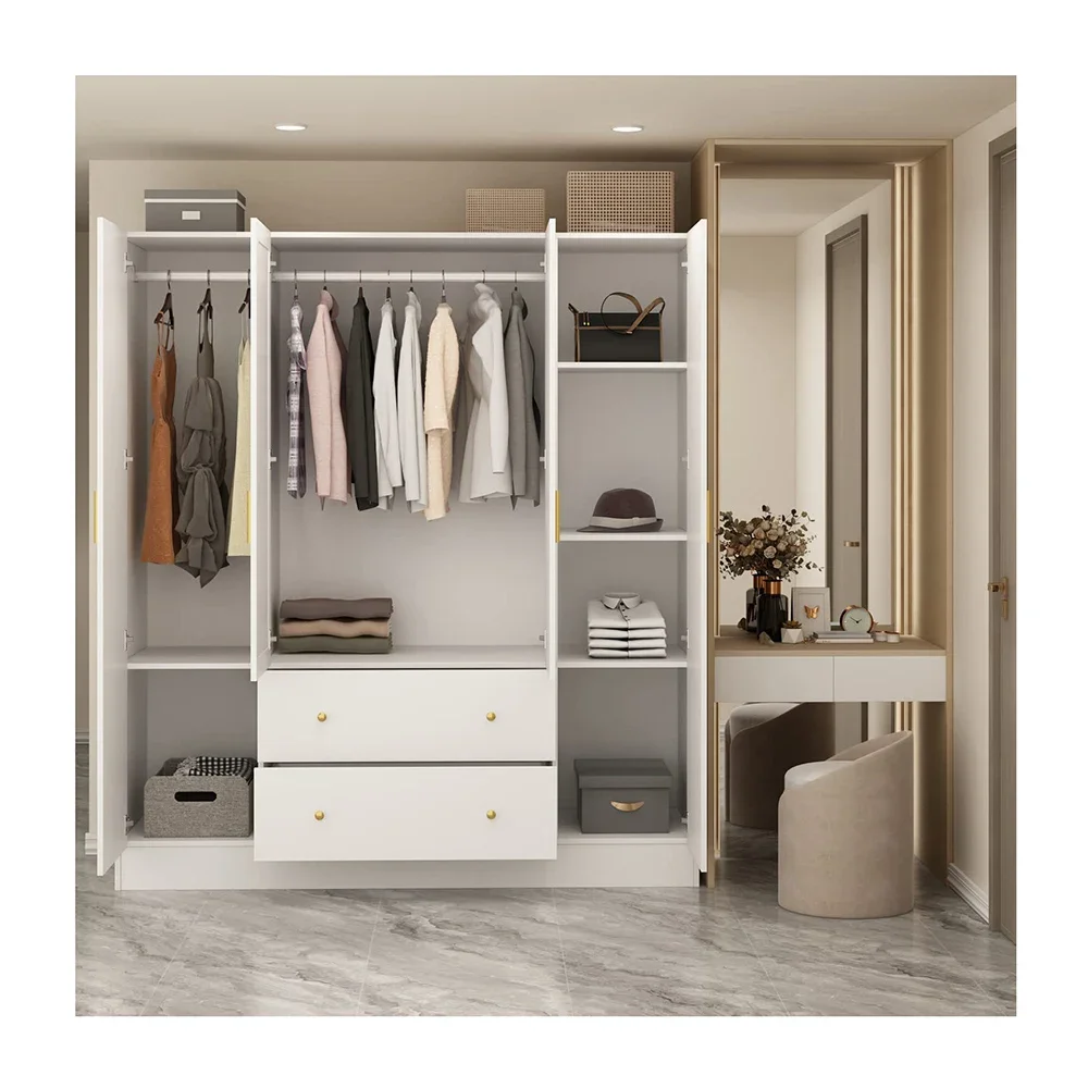 

z Factory Price Modern White Wooden PB Wardrobes With 4 Door and 3 drawers