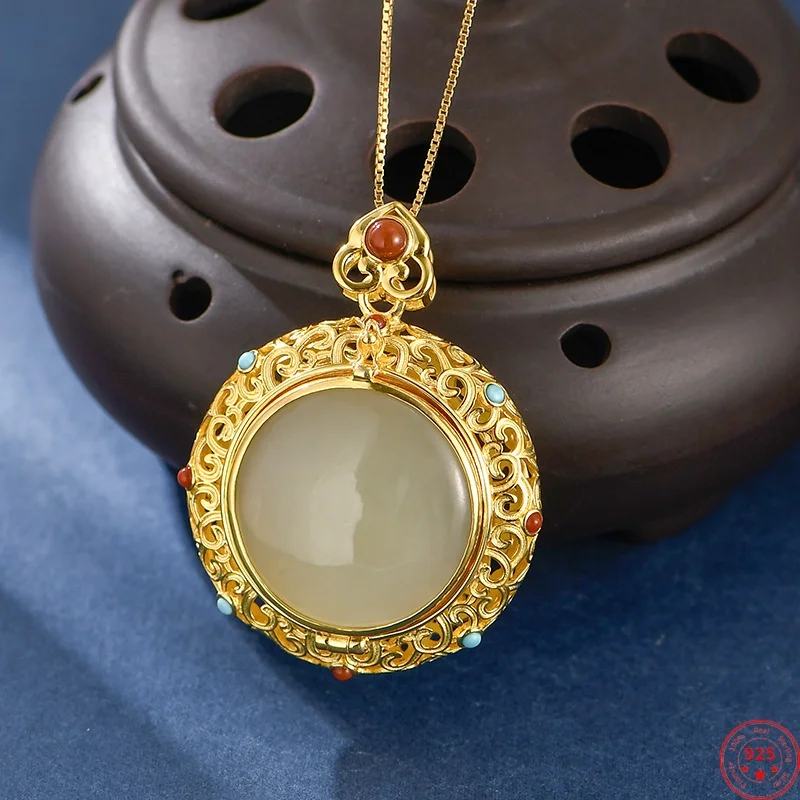 

S925 Sterling Silver Pendants for Women New Fashion Hollow Eternal Rattan Round Jade Gold Plated Can Open Jewelry Free Shipping