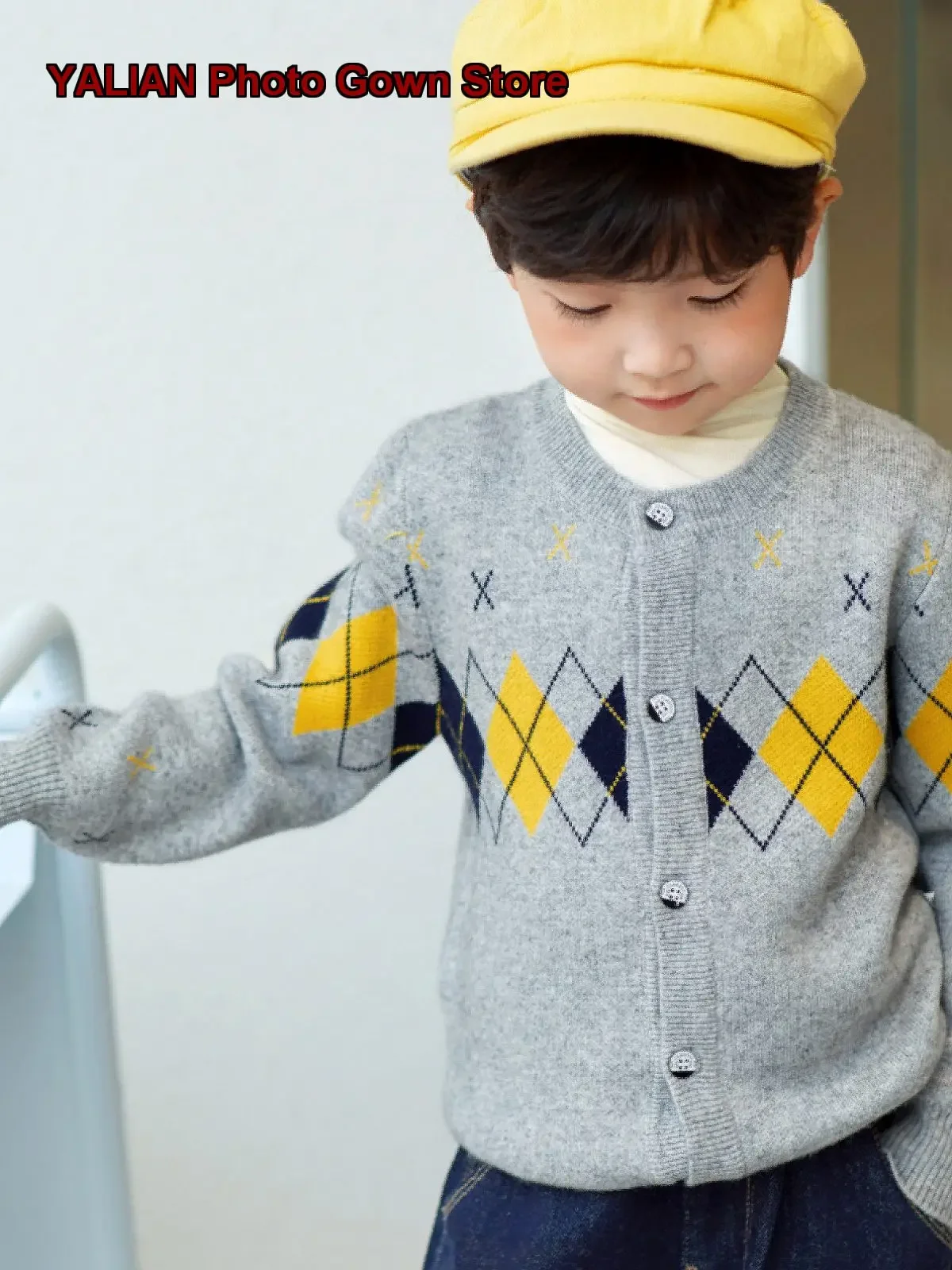 Classic Diamond Cardigan Boys Cashmere Sweater Double-Layer Thickened Kids Knit Warm Older Kids