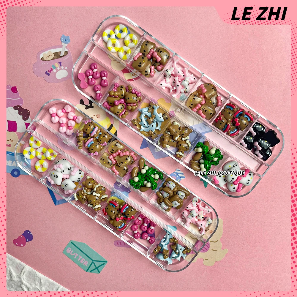 60PCS Cartoon Hawaii Black Skin Hello Kitty Nails Art Charms Accessories Personal DIY Resin Nail Salon Party nail party stickers