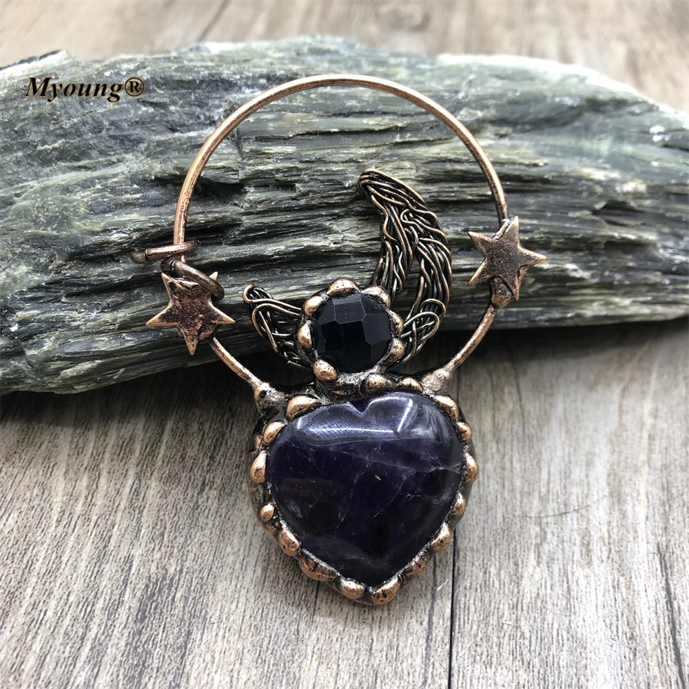 5PCS Bronze Plated Large Heart Shape Natural Amethysts Crystal Vintage Necklace Pendant Moon Stars Stone Bohemia Jewelry