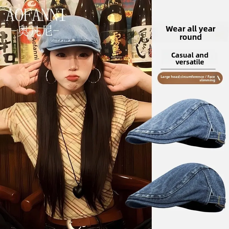 washed-denim-beret-hat-women's-autumn-duckbill-cap-adjustable-round-top-fashionable-all-match-painter-cap-unisex-travel-hat