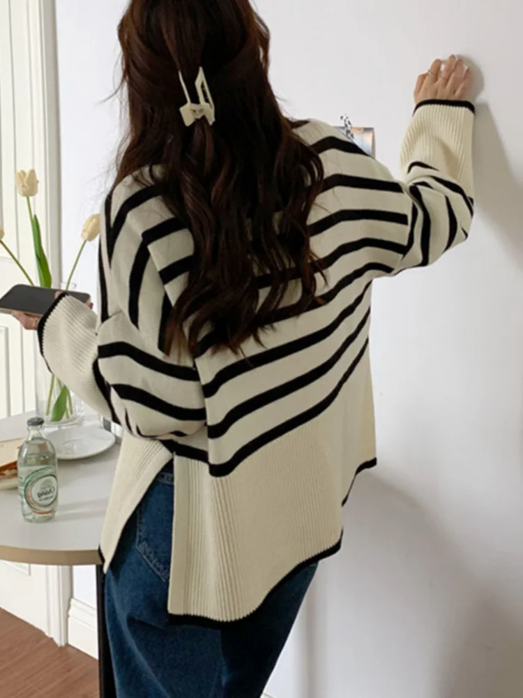 New Autumn Winter Women Sweater Striped Pullover Jumper Traf Sweater Y2K Clothes Pull jumpers Korean Tops Turtleneck jersey