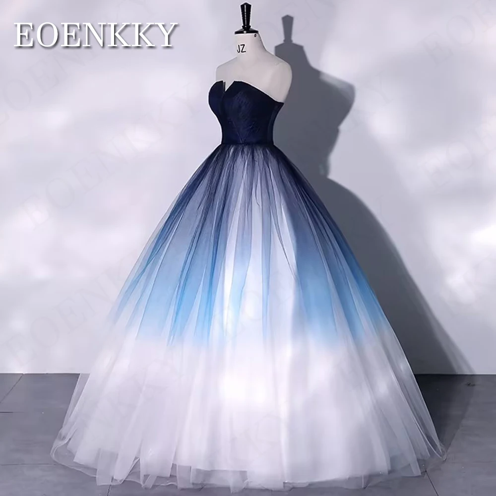 Gradiente Azul Tulle Prom Dress Formal mezuniyet elbiseleri Sem mangas A Linha Strapless Banquete Ocasião Vestidos Comprimento do chão Vestido de Baile de Formatura em Tule Azul Gradiente  Vestido sem mangas em linha A