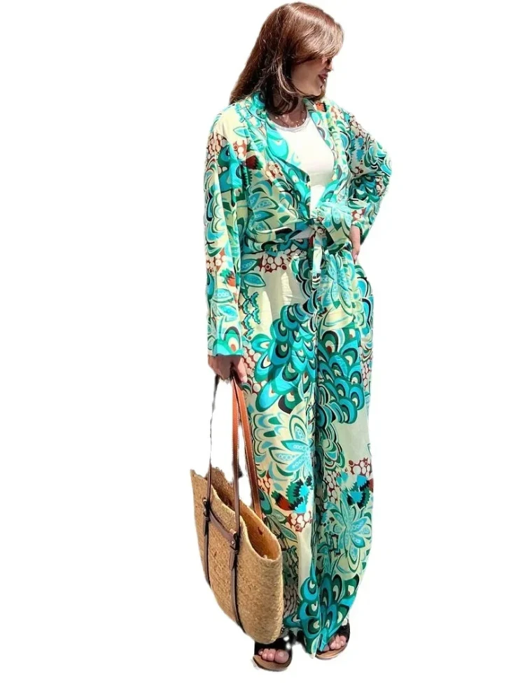 Eid Modest Muslim Two Piece Sets Women Print Shirts & Wide Leg Pants Set Musulman Ensembles Full Sleeve Loose High Waist Long