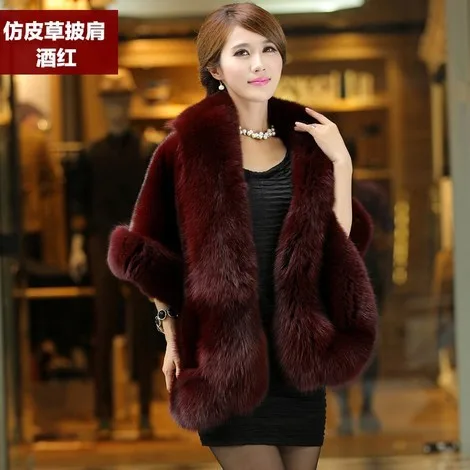 Women\'s Faux Fur Cape Jacket Winter Warm White / Black / Burgundy Large Fur Collar Short Section Young Lady 2021 New