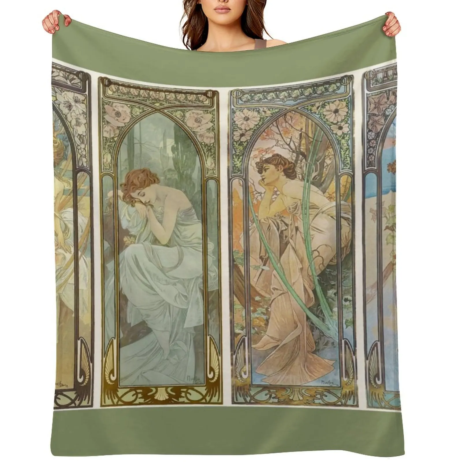 

HD. The times of the day (1899) serie Alphonse Mucha HIGH DEFINITION Throw Blanket Bed covers Softest Furry Flannel Blankets
