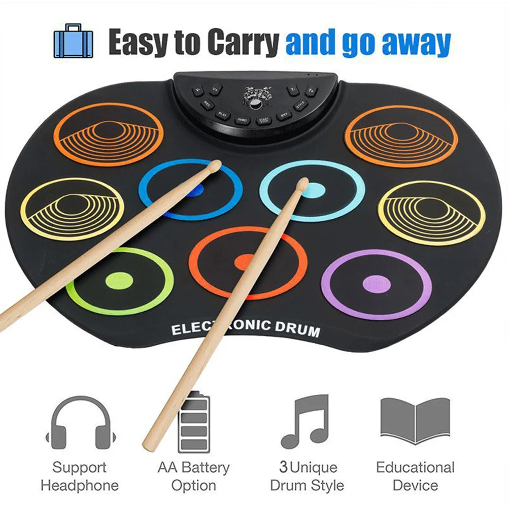 9 Drum Pads Roll-up Practice Drum Set Support Recording Roll-Up Drum Practice Pad Drum Kit Great Holiday/Birthday Gift for Kids