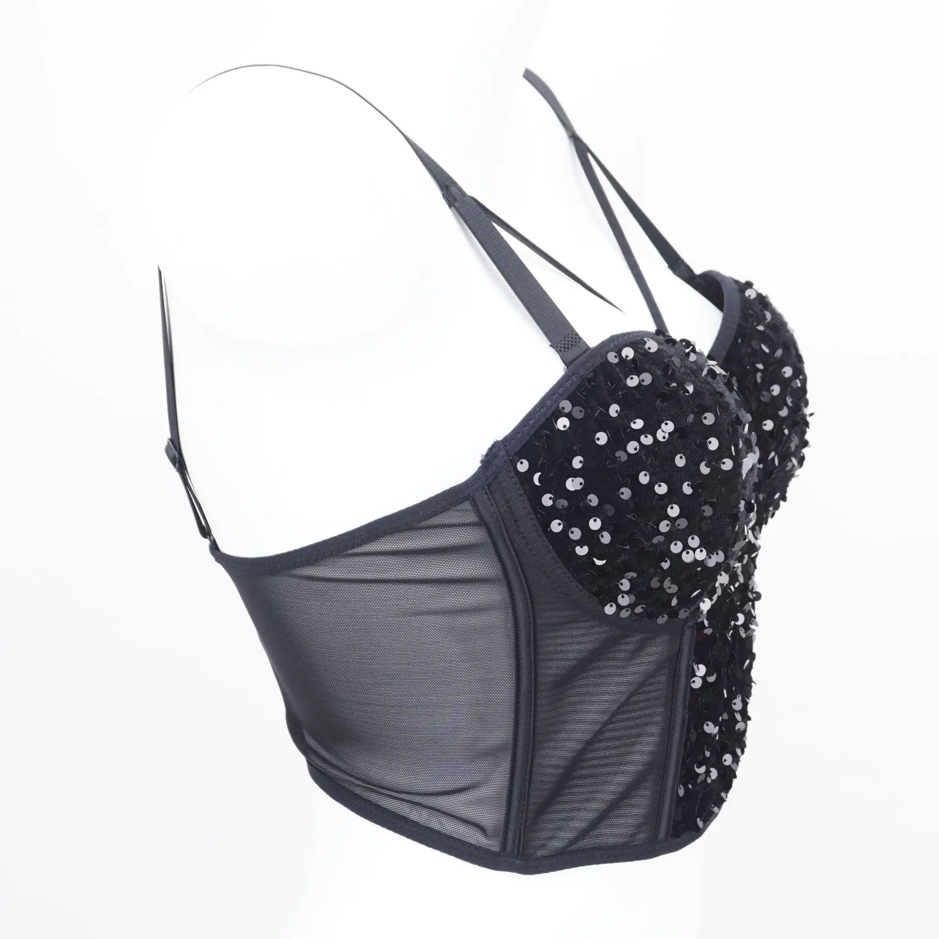 

Fashion Nightclub Sexy Double-Shoulder Strap Sequined Thin Cup New Lace Steel Ring Push up Women's Fishbone Bra Top