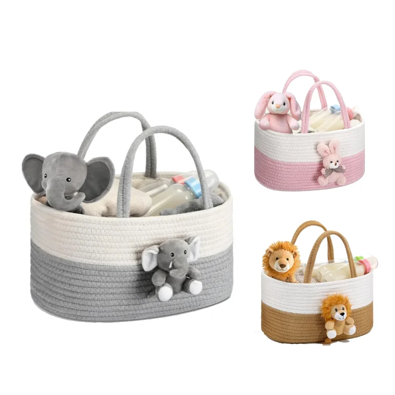 Infant Products Storage Basket  Large Capacity Cotton Rope Storage Basket with Handle for Travel Baby Changing Station Bag