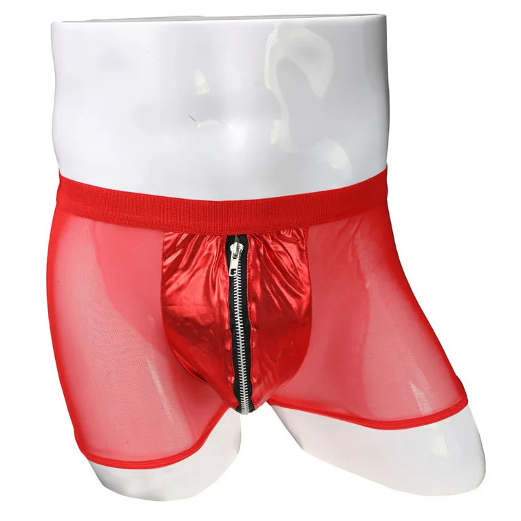 Celana Dalam Pria Model Terbuka, Celana Dalam Pria Model Boxer, Celana Dalam Pria Model Boxer Pinggang Sedang Bahan Kulit Imitasi Jala Halus dengan Ritsleting