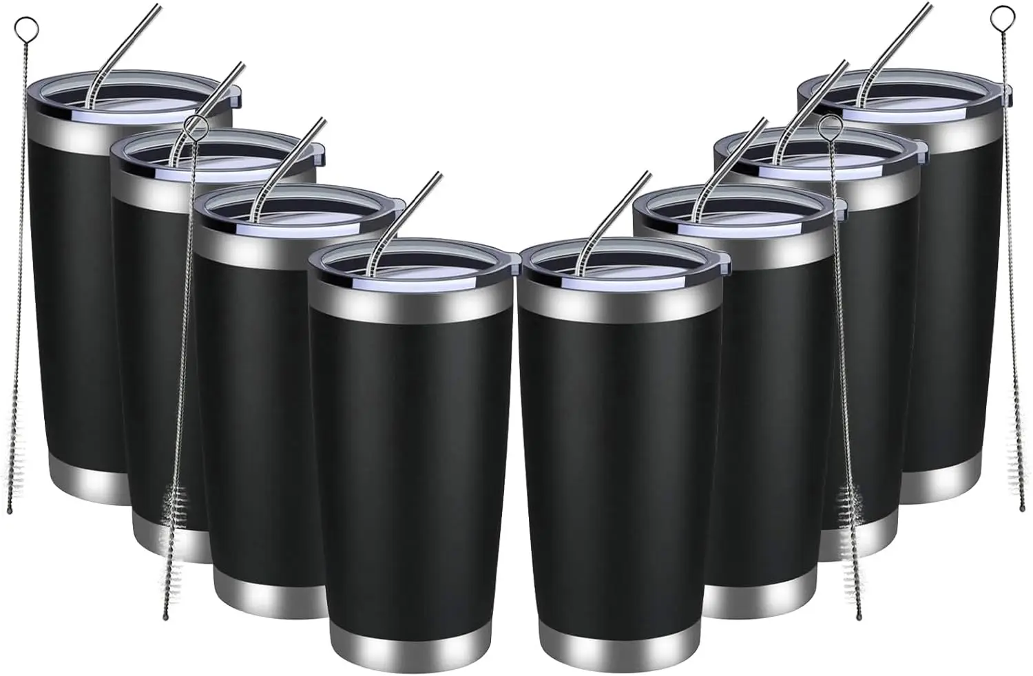 

20oz Stainless Steel Tumbler 8-Pack, Vacuum Insulated for Hot & Cold Drinks with Lid and Straw (Black)