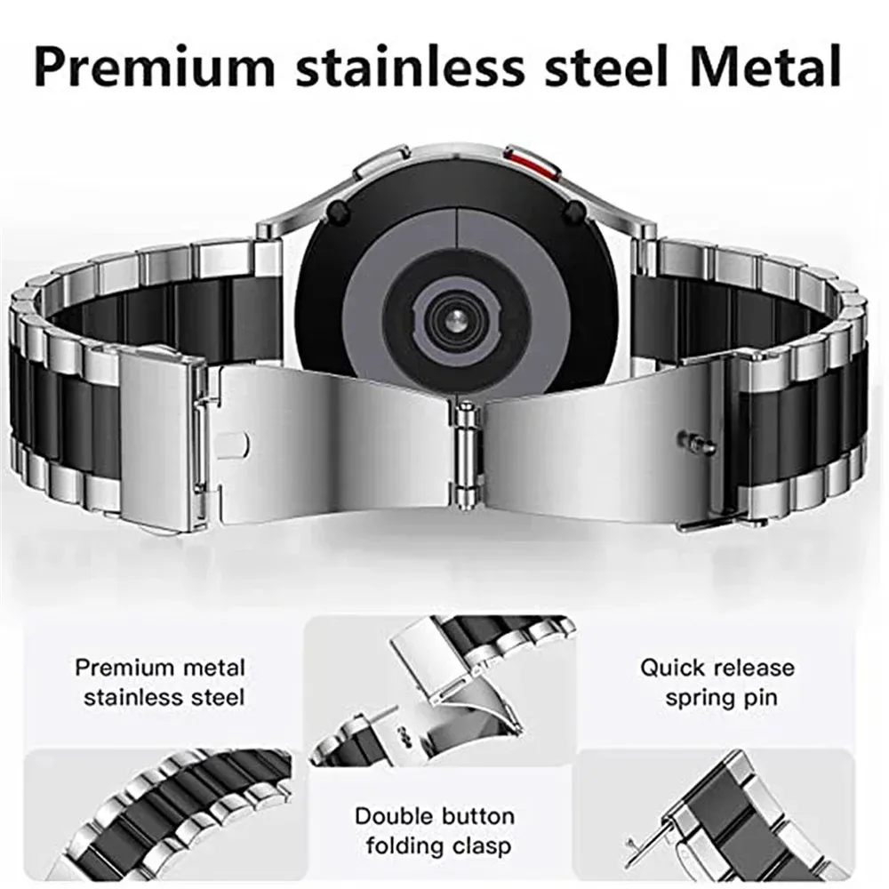 For Samsung Galaxy Watch 5 4 44mm 3-Bead Stainless Steel Band + Full Cover PC Watch Case with Removal Tool - Black