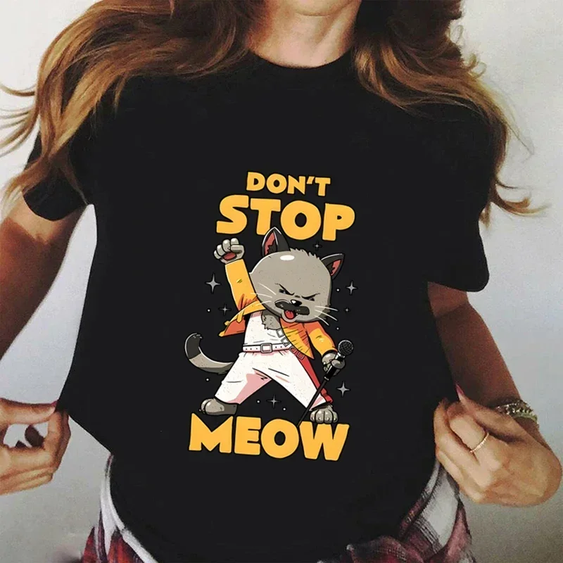 Don't Stop Meow Freddie Mercury Cat Graphic Tee Funny Cotton Short Sleeve Crew Neck Casual T-Shirt