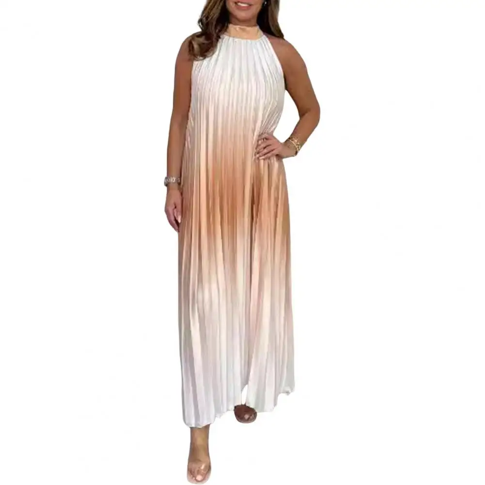 

Pleated Women Dress Elegant Gradient Color Maxi Dress for Women Round Neck Holiday Dress Loose Fit Long Travel Gradient Color