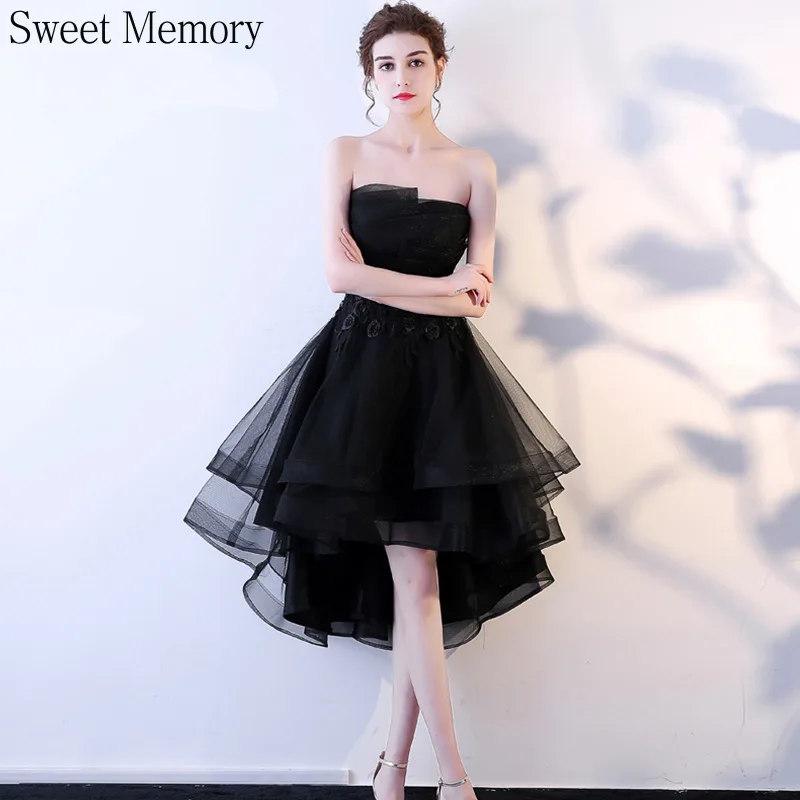 F133 Sexy Black High Low Evening Dress Woman Backless Strapless Birthday Gown Lace Up Tiered Wedding Party Graduation Dresses