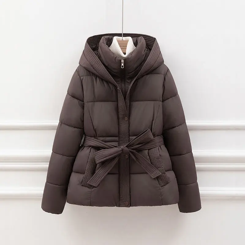 2025 New Winter Jacket Women Warm Parkas Long Sleeve Tops Casual Cotton Padded Jackets Belt Black Brown Hooded Outwear Female