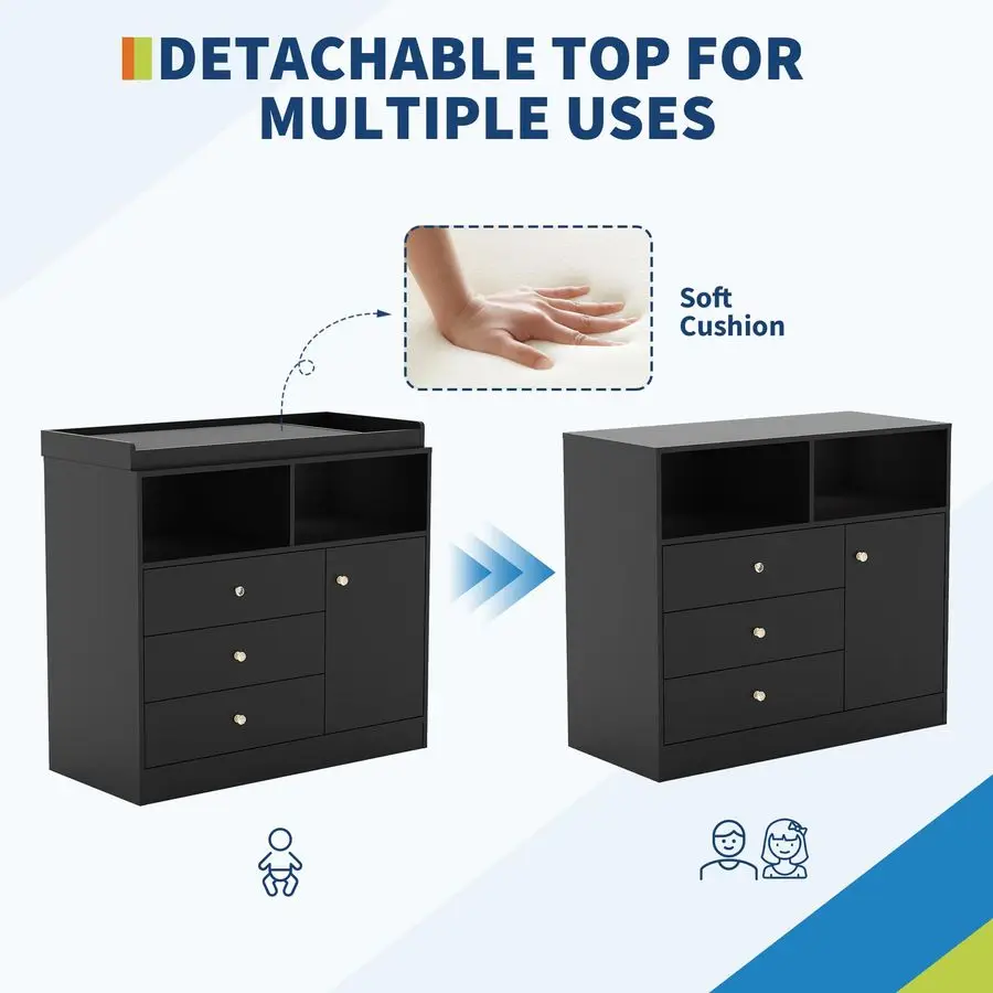 خزانة طاولة متغيرة، محطة تغيير حفاضات خشبية مع رفين مفتوحتين، 3 أدراج، وخزانة واحدة، وخزائن أطفال حديثة لـ N #5