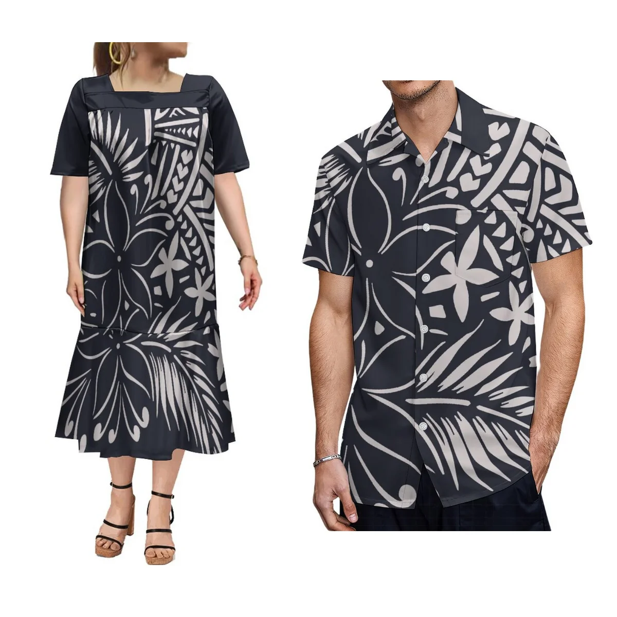 

Summer Features Ethnic Couple Set Mumu Women'S Puffed Sleeve Fishtail Dress Polynesian Tribe Designed Men'S Shirt Holiday Set