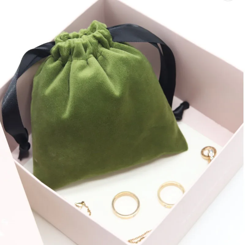 Green Velvet Gift Bags Custom Jewelry Logo Dust Sack 7x9cm 9x12cm 10x15cm Cosmetics Makeup Drawstring Pouch