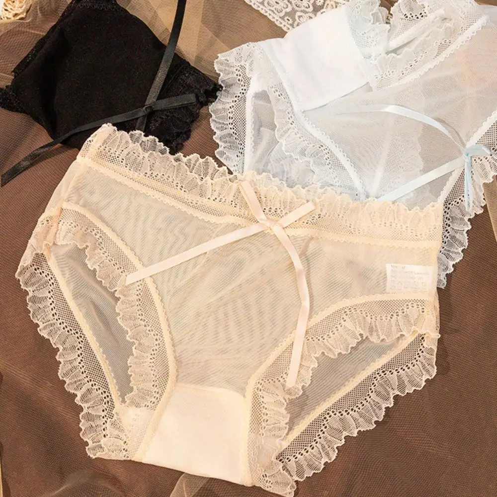 

5Pcs Mid Waist Lace Bowknot Briefs Cotton Crotch Transparent Underwear for Women Lingerie Underpants Sweet Mesh Panties Girl