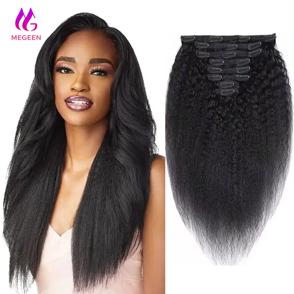 

Megeen курчавые прямые накладные человеческие волосы 120 г 8 шт./комплект бразильские накладные прямые накладные волосы Yaki Remy для Volum