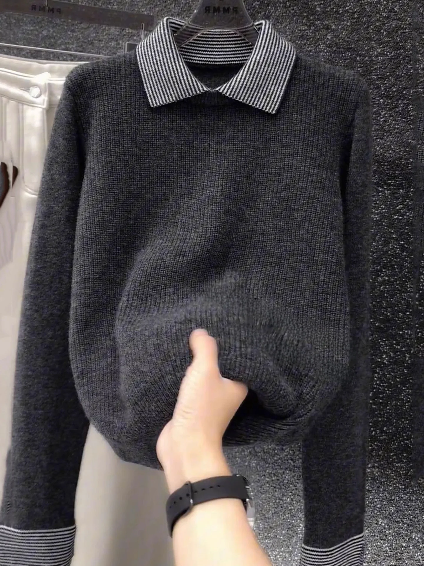 

Soft Comfortable Long Sve Camere Knitted Sweater Casual Collar Stripe Splicing Winter Leisure Women's Top Poetic Lin