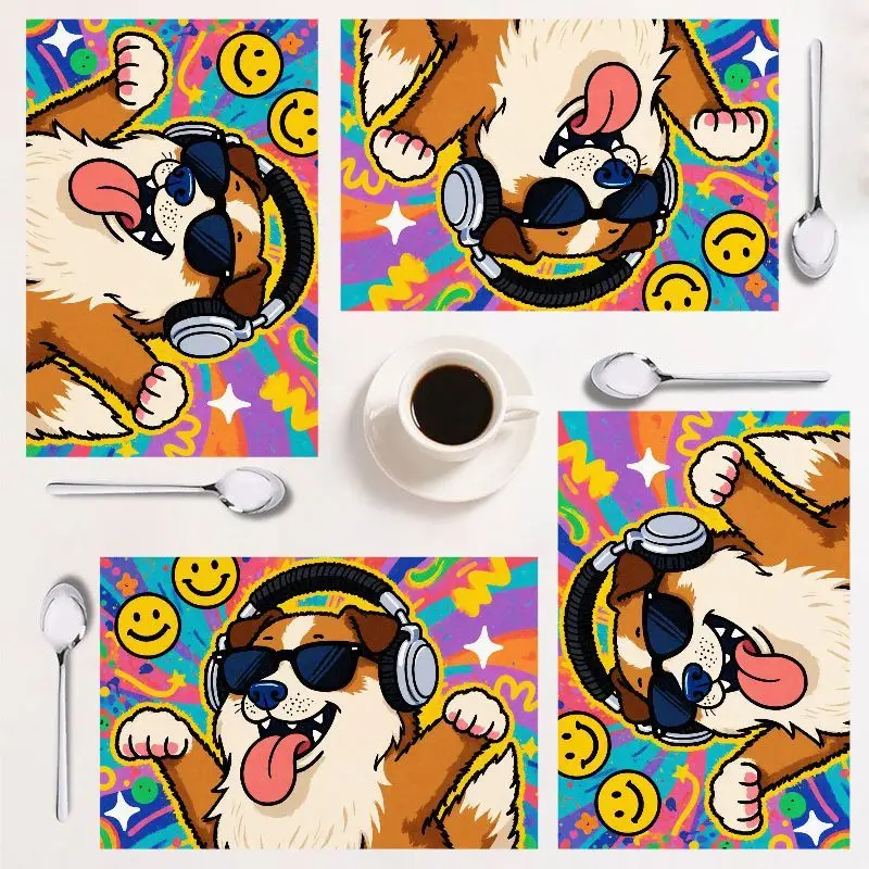 

4-piece placemat set, colorful retro design, easy to clean, perfect for kitchen décor, festive vibe, 12×18 inches.