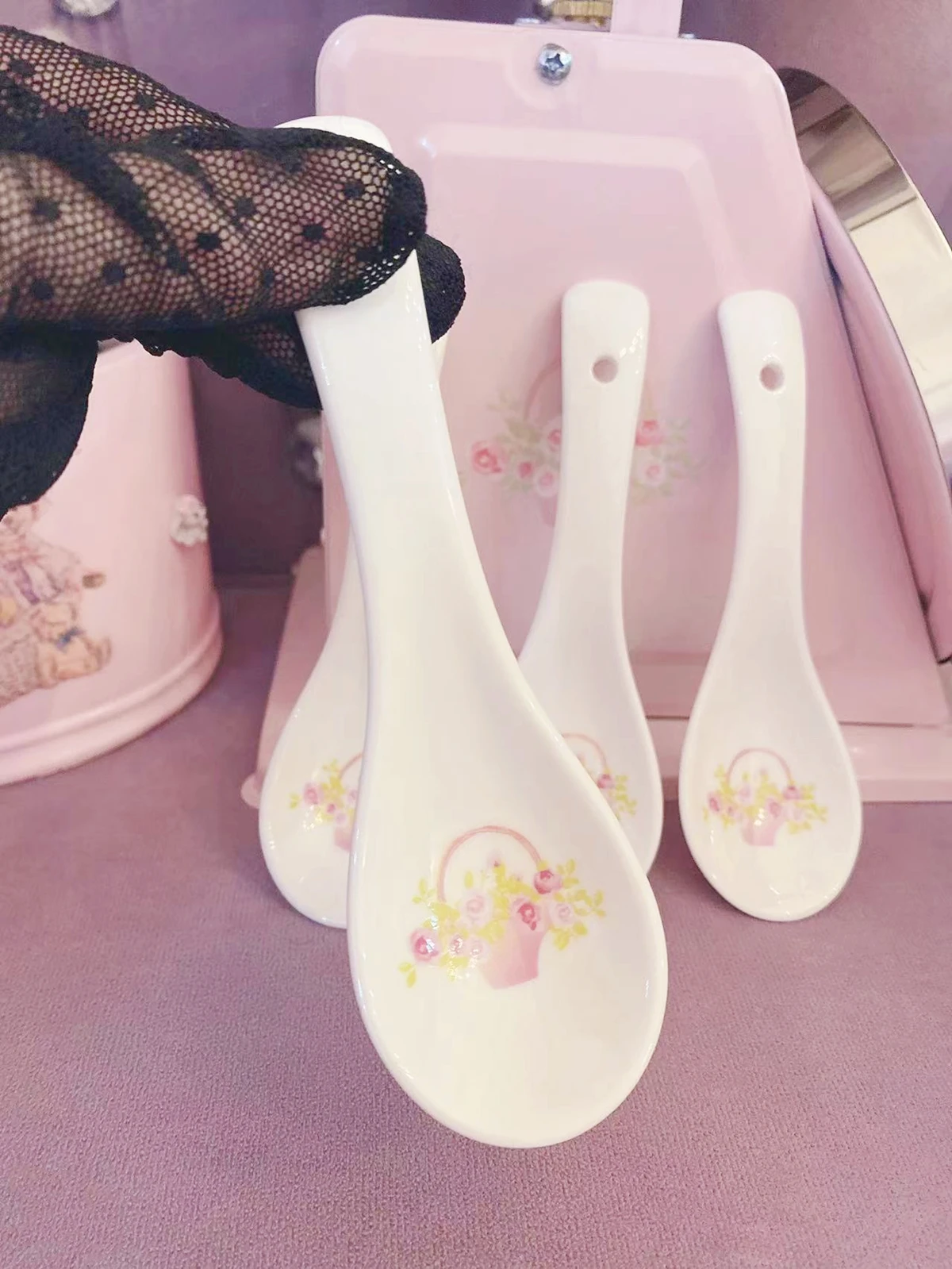 Cute Ceramic Flower Soup Spoon Kawaii Korean  Hand Painted Dessert Spoon With Long Handle Kitchen Tableware Accessories