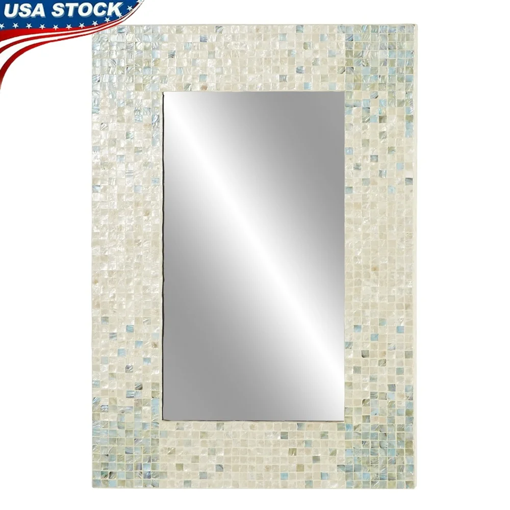 

Handmade Mosaic Wall Mirror Rectangular Shell Inlay Home Decor Nautical Coastal Style Entryway Living Room Bedroom Accent 24x36