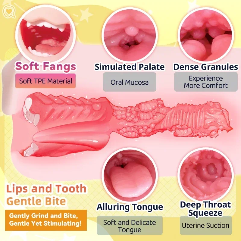 Masturbatore maschile Bocca realistica Gola profonda Figa tascabile Pompino con denti Lingua Giocattoli sessuali per uomini Masturbazione Sesso