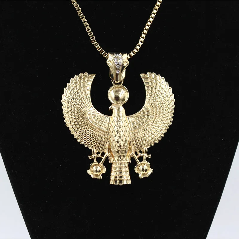 Newest Fashion Metal Gold Color Egyptian Horus Bird Falcon Holding Ankh Pendant Necklace Bib Chain Choker Animal Hiphop Necklace