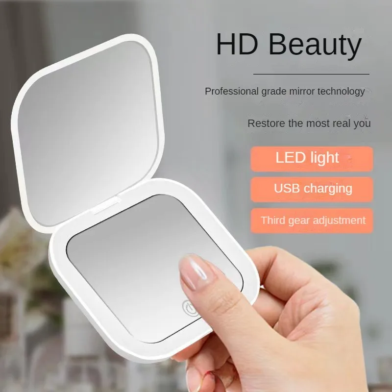 Compacte Mini Led Licht Make-Up Spiegel Met 2x Vergrotende Draagbare Handzak Reizen Opvouwbare Vrouwen Cosmetische Zakspiegel