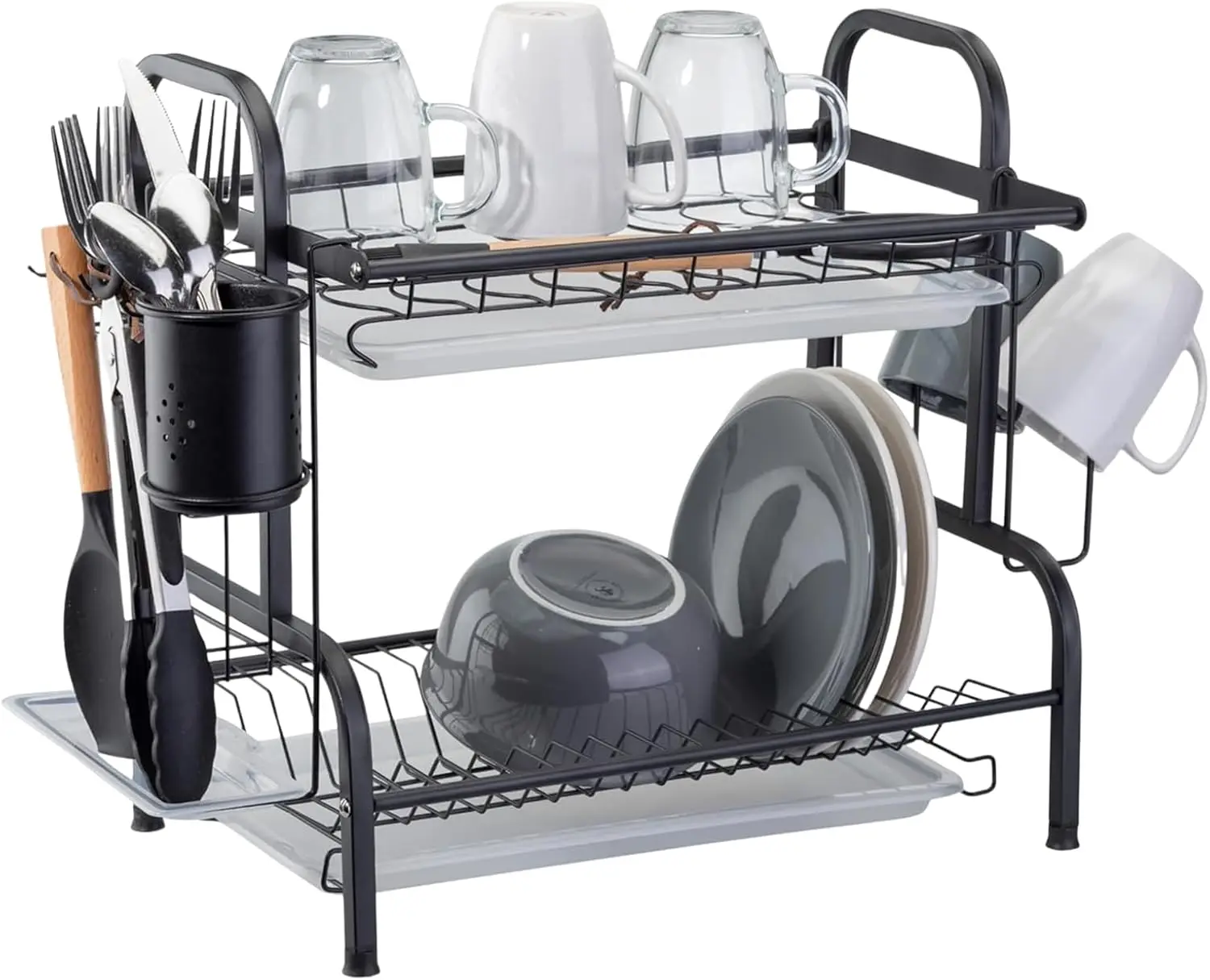 

2-Tier Dish Rack for Kitchen Counter – Side Sink Large Black Dish Drying Rack with Utensil Holder, Sink Caddy & Cutting Boar