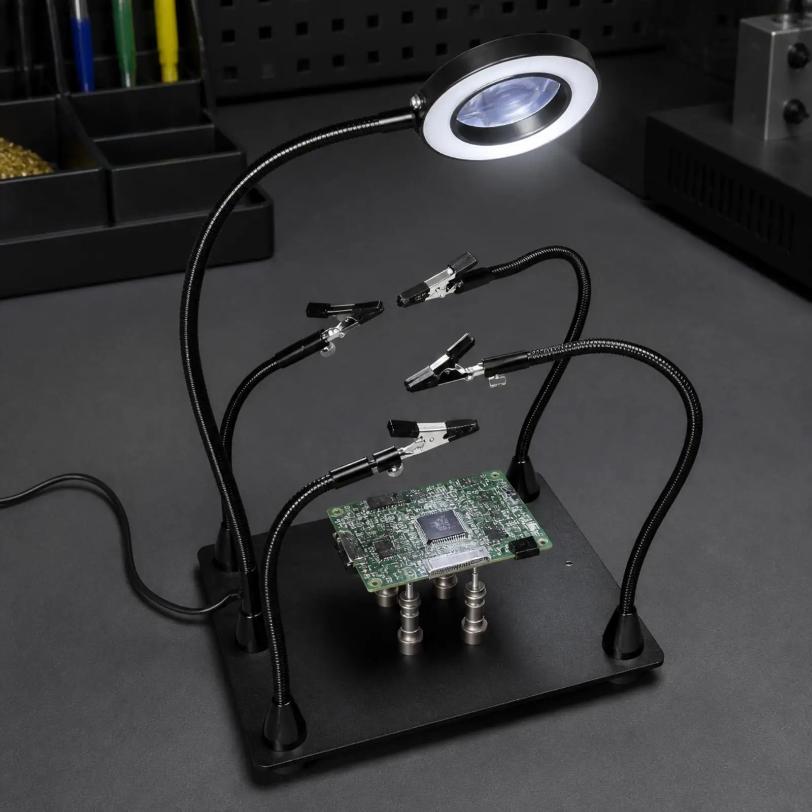 Soldering Station Clamp with 3X Magnifying Lens and Adjustable Arms for Secure Circuit Board Holding During Repair