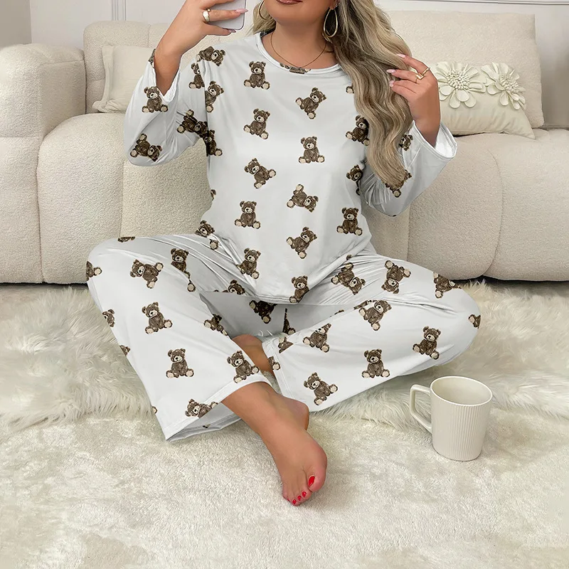 Autumn Women\'s Oversized Pyjama Set Crewneck Sweatshirt& Trousers Suit Bear Print Sleepwear Long-sleeved Nighties Loungewear 5XL