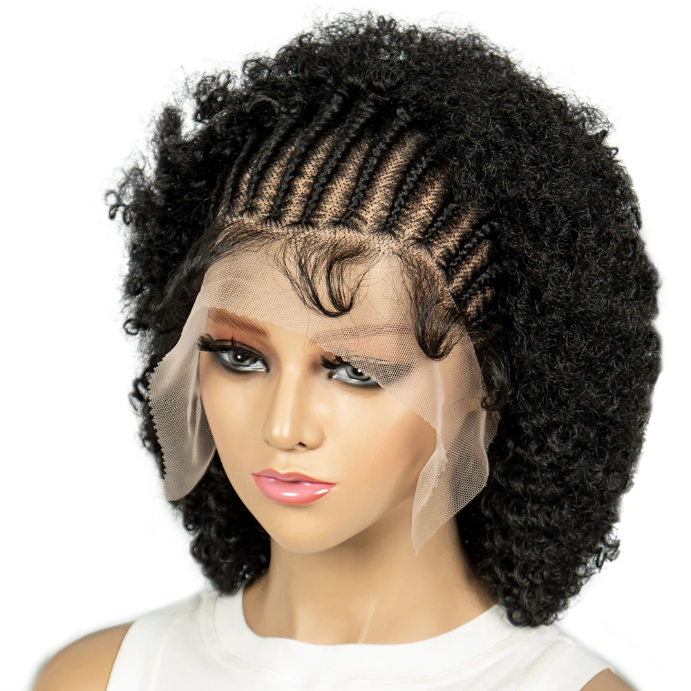 

Афро-короткие парики Кудрявый вьющийся парик из синтетической косы Полный кружевной косички Плетеные парики с детскими волосами Парик без узлов Плетение волос