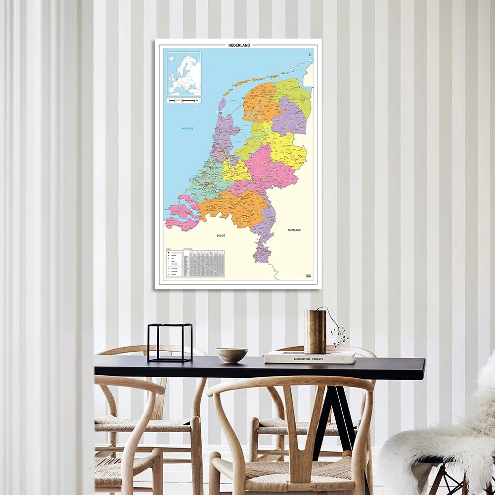 Mapa da Holanda em Holandês Grande Pôster, Lona Não Tecida, Sala de Pintura, Decoração de Casa, Material Escolar e Escritório, 100x150cm