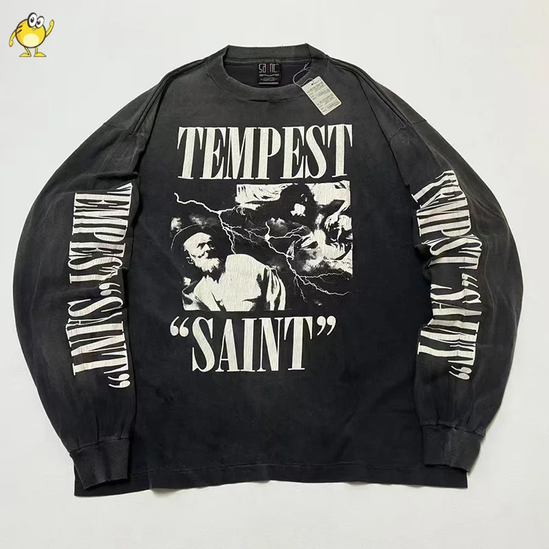 Vintage Photo Print Loose Best Quality SAINT Long Sleeve T Shirt Men Woman Round Neck Casual Washed Tee High Street Top