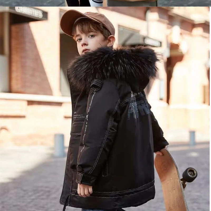 Fur Hooded Duck Down Jacket Zipper Children Winter Jacket Warm thicken Windbreak Outwear boys3 4 5 6 7 8 T-35 Degreescoat New