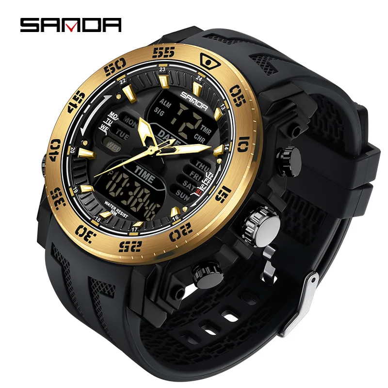 Sanda sporthorloge met dubbel display, waterdicht Japans uurwerk, nachtlampje, stopwatch, heren buiten, trendy, cool studentenhorloge